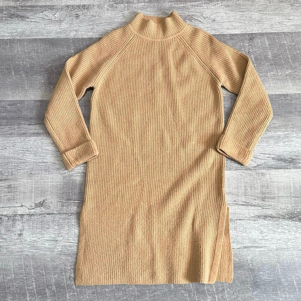 Pink Martini Long Live Ribbed Sweater Tunic Dress Womens L Mock Neck Camel Tan